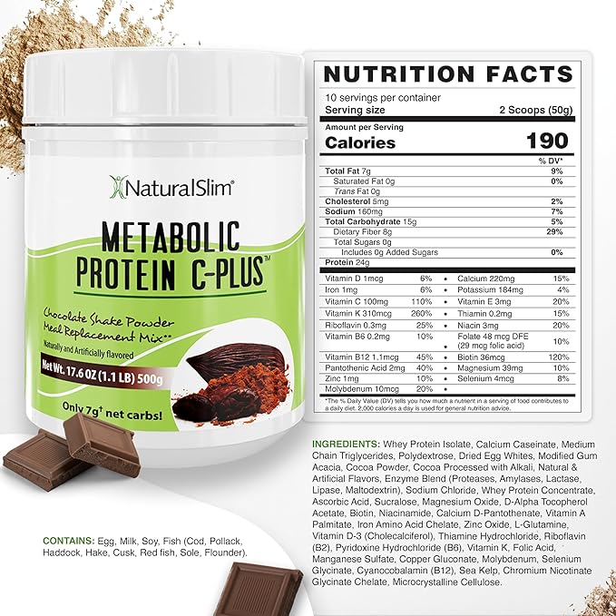 Metabolic Protein C-Plus, Whey Protein Powder & Shake Meal Replacement with Vitamin C, L-Glutamine & Digestive Enzymes, Low Carb Protein Drink, Support Metabolism, Energy & Gut health 1.1 lb Chocolate