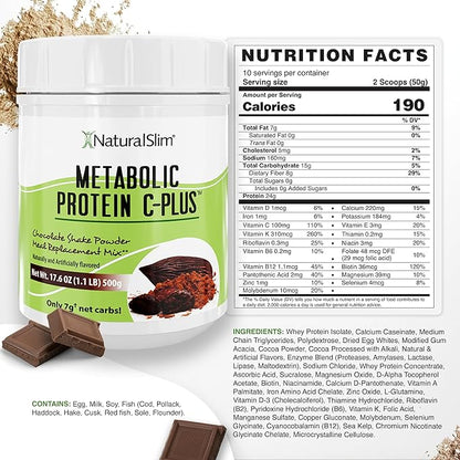 Metabolic Protein C-Plus, Whey Protein Powder & Shake Meal Replacement with Vitamin C, L-Glutamine & Digestive Enzymes, Low Carb Protein Drink, Support Metabolism, Energy & Gut health 1.1 lb Chocolate