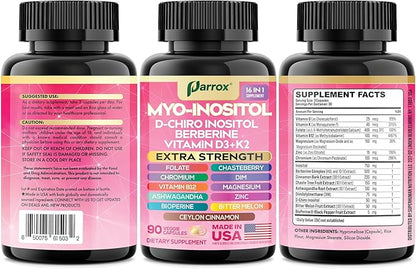 Myo-Inositol Supplement with D-Chiro Inositol, DIM, Berberine, Vitamin D3 + K2, Methylated B12, Chromium, Ceylon Cinnamon, Zinc, Ashwagandha, Chasteberry, Magnesium, Bioperine, Bitter Melon (3 Pack)