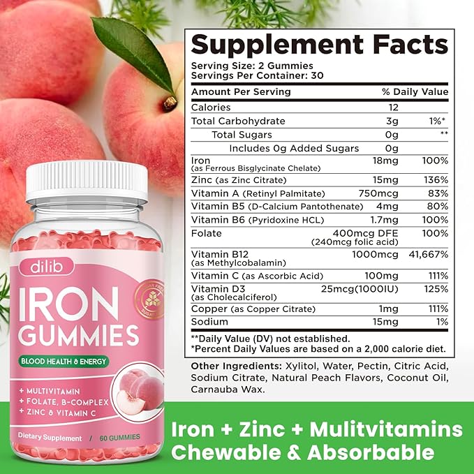 Iron Gummies with Multivitamin, Iron Supplement for Women & Men, Kids Multivitamin with Iron, Zinc, Vitamin B Complex & C, B12, Folate - Blood Builder, Energy Support, Peach Flavor, Vegan 60 Gummies