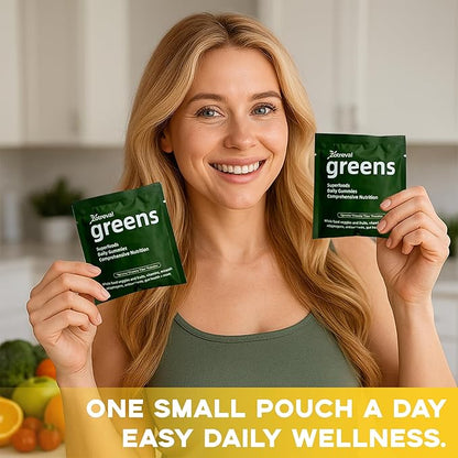 Daily Greens, Superfood Green Gummies Packets - Digestive & Gut Health, Chlorella and Spirulina Supplement with 20+ Organic Prebiotics Fiber Vitamins & Minerals - 224 Low Sugar Gummy