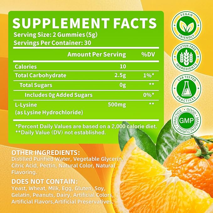 L-Lysine Gummies 500mg, Lysine Gummies Supplement for Immune Support & Skin Health, Collagen Formation Support, Vegan, Gluten Free Chewable Supplement for Adults & Kids, Orange Flavor, 60 Count