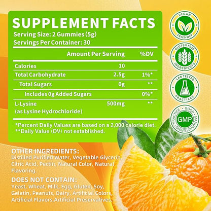 L-Lysine Gummies 500mg, Lysine Gummies Supplement for Immune Support & Skin Health, Collagen Formation Support, Vegan, Gluten Free Chewable Supplement for Adults & Kids, Orange Flavor, 120 Count