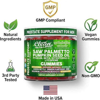 AndroFlow Saw Palmetto and Pumpkin Seed Oil Prostate Health Supplements for Men Pygeum Beta Sitosterol Lycopene Boron Zinc Selenium DIM Stinging Nettle Vitamin D, 60 Gummy Supplements By Clean Nutra