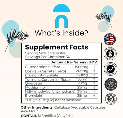 NutriRise Glucosamine Chondroitin Quercetin & MSM with Turmeric Curcumin 2100mg Triple Strength Joint Support Supplement for Women & Men with Boswellia & Bromelain, Gluten Free, Non GMO, 90 Count