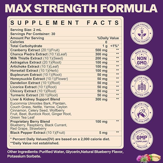 30-in-1 Kidney and Liver Cleanse Detox & Repair Drops with Cranberry Extract, Milk Thistle & Chanca Piedra, Vegan Kidney Support Supplement for Urinary Tract & Liver Support | Blueberry Flavor, 1P
