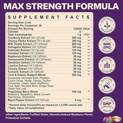 30-in-1 Kidney and Liver Cleanse Detox & Repair Drops with Cranberry Extract, Milk Thistle & Chanca Piedra, Vegan Kidney Support Supplement for Urinary Tract & Liver Support | Blueberry Flavor, 2P
