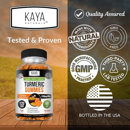 Kaya Naturals Turmeric Supplements Gummies - Pure Nature Turmeric Curcumin - Ginger Gummies - Black Pepper Extract - 120 Count