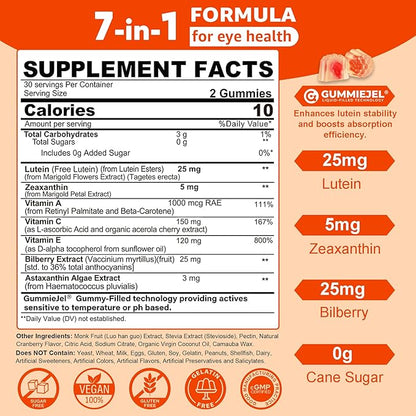 Sugar-Free Lutein Zeaxanthin Supplements Gummies (25mg) Vitamins A, C, E, Bilberry, Astaxanthin - Coconut Oil for Better Absorption - Adults & Teens Vision Health, Eye Strain, Dry Eyes - Vegan, 60Cts