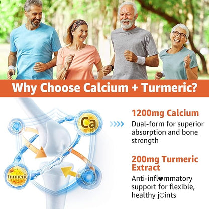 Calcium Gummies with Turmeric for Women & Men - Calcium 1200mg with Vitamin D3 K2 B12 5000 IU & Zinc, Suger-Free Calcium Supplement for Bone, Muscle Strength & Immune Support - Vegan(60 Count)