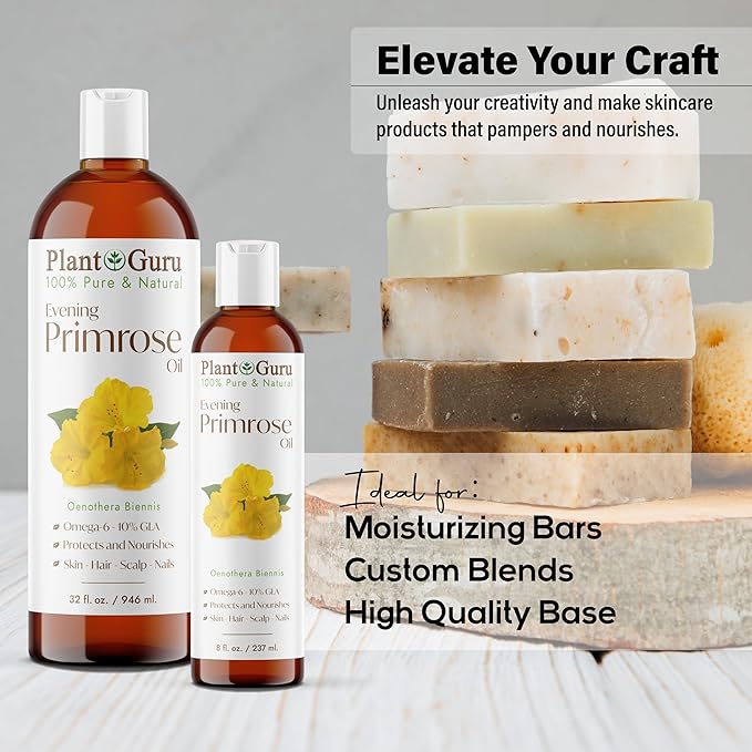 Evening Primrose Oil 2 fl. oz. Cold Pressed 100% Pure Natural Carrier - Skin, Face, Body and Hair Growth Moisturizer. Great for DYI Soap Making, Creams, and Lip balms.