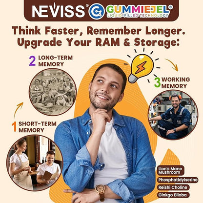 Neviss Kids 10+ Focus Brain Gummies w/Lion's Mane, B6, Methyl B12, Mushroom Filled Gummy for Teen & Adults Memory & Energy, Phosphatidylserine, L-Tyrosine, Choline, Beetroot, Ginkgo Biloba, Sugar Free