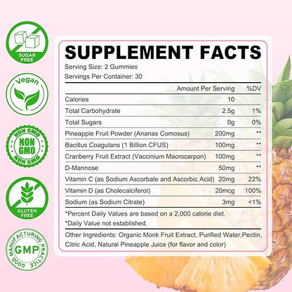 Feminine Balance Gummies for Women, Premium PH Balance Supplement with Vitamin C & D for Women's Vaginal Health & Immune Support, Vegan, Pineapple Flavor, 60 Count