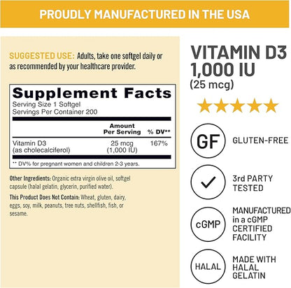 NatureWise Vitamin D3 1000iu (25 mcg) 200-Day Supply for Immune Support, Healthy Muscle Function, and Bone Health - Non-GMO, Gluten Free in Organic Extra Virgin Olive Oil, (Mini Softgel), 200 Count