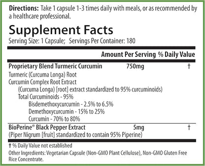 PURE® Turmeric Curcumin 750mg with BioPerine® - 180 Capsules, 6 Month Supply - High Absorption Joint Support & Anti-Inflammatory Supplement - 95% Curcuminoids Antioxidant Complex - Made in USA