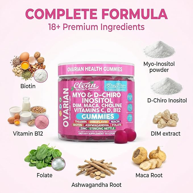 OVA Bloom Ovarian Support Gummies Myo Inositol D-Chiro Inositol Choline Flax Biotin Riboflavin Thiamin Niacin Ashwagandha DIM Maca Root Vitamin C D3 B12 Zinc 60 Count By Clean Nutra