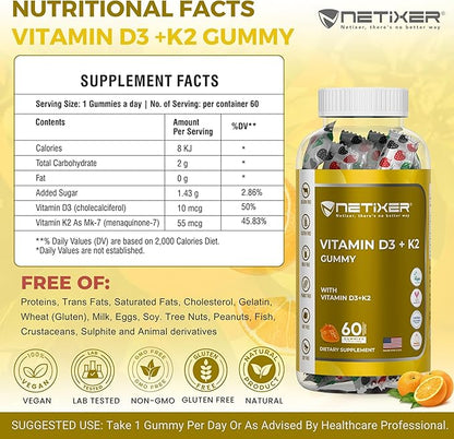 Vitamin D3 K2 Gummies for Adults – 60 Vegan Orange Gummies | 400 IU (10 mcg) D3 + 55 mcg Vitamin K2 MK-7 | Individually Wrapped, Gelatin-Free, Gluten-Free, Non-GMO | Halal Certified
