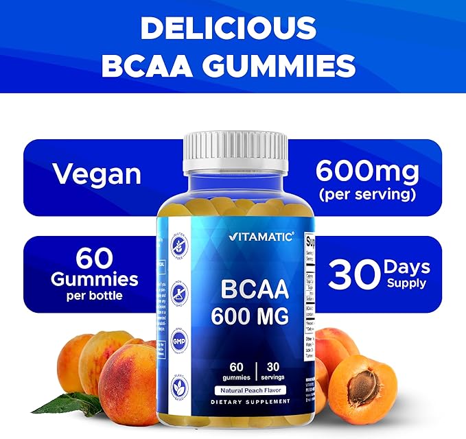 Vitamatic BCAA Gummies - Branch Chain Amino Acid Supplements - Peach Flavor - 600mg per Serving - 60 Vegan Pectin Based Gummies (2 Bottles)