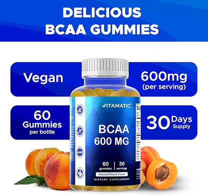 Vitamatic BCAA Gummies - Branch Chain Amino Acid Supplements - Peach Flavor - 600mg per Serving - 60 Vegan Pectin Based Gummies (1 Bottle)