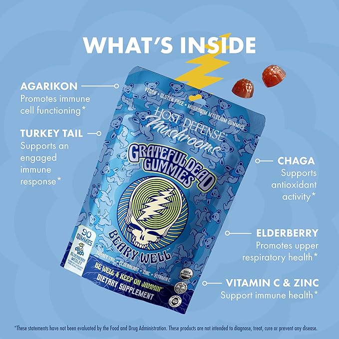 Host Defense Beary Well Grateful Dead Gummies - Mushroom Gummies with Agarikon, Turkey Tail, Chaga, Elderberry, Vitamin C & Zinc - Upper Respiratory System Health and Immune Support (30 Servings)