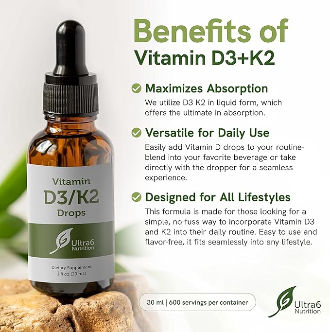 Ultra6 Nutrition Vitamin D and K2 Drops - Liquid Vitamin D3 with K2 Supplements for Adults - Easy-to-Take, Flavor-Free, Highly Absorbable VIT D3 and K2 Supplements, Made in USA (30 ml)