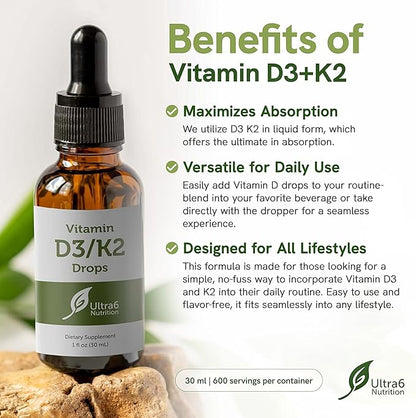 Ultra6 Nutrition Vitamin D and K2 Drops - Liquid Vitamin D3 with K2 Supplements for Adults - Easy-to-Take, Flavor-Free, Highly Absorbable VIT D3 and K2 Supplements, Made in USA (30 ml)