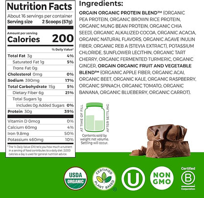 Orgain Organic 30g Vegan Protein Powder, Chocolate 9g EAAs + BCAAs, Plant Protein, 6g Prebiotic + Fiber, 1g Sugar, Pre-Workout, Muscle Support + Recovery - 2.01lb (Packaging May Vary)