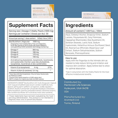 Membrasin Vitality Pearls | Supports Feminine Hydration | Estrogen-Free Oral Supplement | Omega 3, 6, 7, 9 & Sea Buckthorn Oil (Starter Pack (Pack of 1))