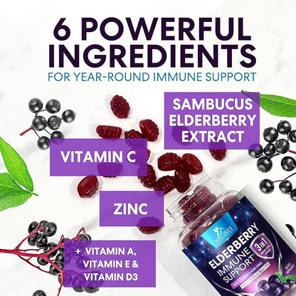 Elderberry Gummies - Black Elderberry Extract Immune Support Gummy with Vitamin C, D3 and Zinc - Sambucus Immune Health Support Supplement for Kids & Adults, Black Elder Berry Vitamins - 60 Gummies
