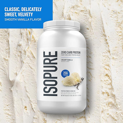 Isopure Zero Carb 100% Pure Whey Isolate Protein Powder, Gluten Free, with Vitamins, Creamy Vanilla, 25g Protein Per Serving, 3 Lbs, 44 Servings (Packaging May Vary)