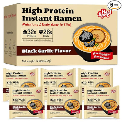 Healspot High Protein Instant Ramen, 6 Pack Non Fried Ramen Broth, 32g Plant Based Protein, Low Fat, Low Carb, Non GMO, Keto Friendly & Plant Based(Black Garlic Classic-Pork Flavor)