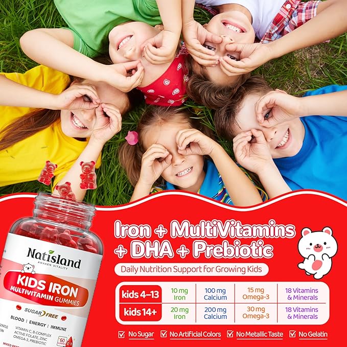 Iron Gummies for Kids & Teens, Kids Multivitamin with Iron Supplement, Vitamin B Complex, A, C, D3, Calcium, Zinc, DHA, Prebiotic, Blood Builder & Energy Support for Iron Deficiency, Vegan, 60 Ct