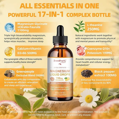 GREENPEOPLE 17-in-1 Triple Magnesium Complex Supplement,Magnesio Liquid Drops with Magnesium Glycinate & Citrate,Pineapple Flavor,Calm Mood,Muscle & Sleep for Adults,4 fl. oz 2Pack