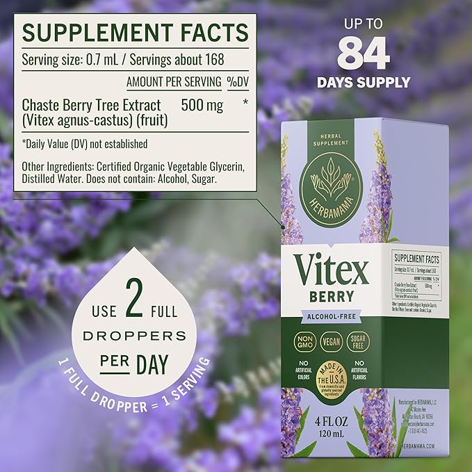 HERBAMAMA Vitex Chasteberry Supplement for Women - Natural Menopause Support* with Vitex Berry Tincture - Chaste Tree Berry Drops for Hormonal Balance & Cycle Support* - 84-Day Supply