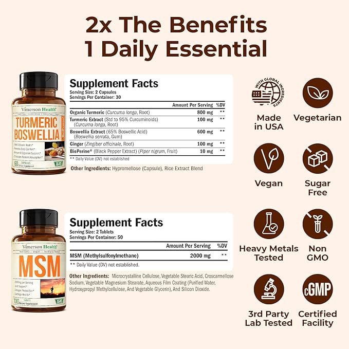 Boswellia Turmeric Curcumin Supplement + MSM 2000mg Bundle – Supports Joint Health & Aids Inflammatory Response – with Ginger Root, Organic Turmeric Powder & Curcumin with Black Pepper (BioPerine)