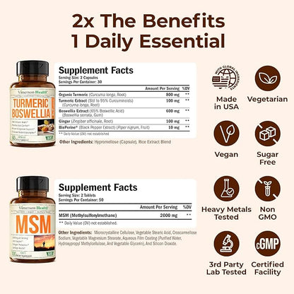 Boswellia Turmeric Curcumin Supplement + MSM 2000mg Bundle – Supports Joint Health & Aids Inflammatory Response – with Ginger Root, Organic Turmeric Powder & Curcumin with Black Pepper (BioPerine)