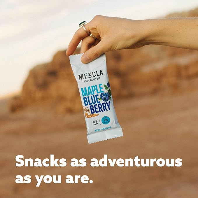 Mezcla Puff-Crispy Plant Based Protein Bars - Maple Blueberry - Healthy Snacks for Adults & Kids - Granola Bars for School, Travel, Office Snacks - Gluten Free, Vegan, Non GMO, 10g Protein - 12 Count