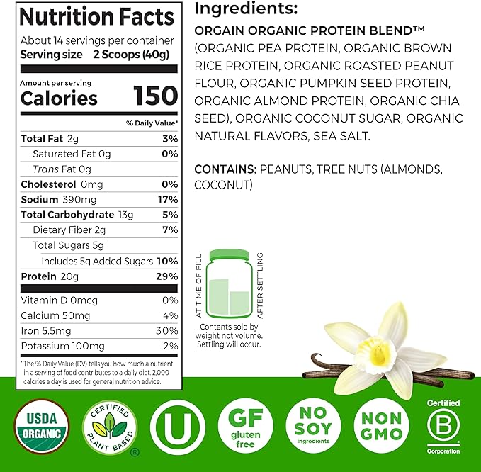 Orgain Organic Simple Vegan Protein Powder, Vanilla - 20g Plant Based Protein, Made with less Ingredients, No Artificial Sweeteners, Gluten Free, No Dairy or Lactose, 1.25 lb (Packaging May Vary)
