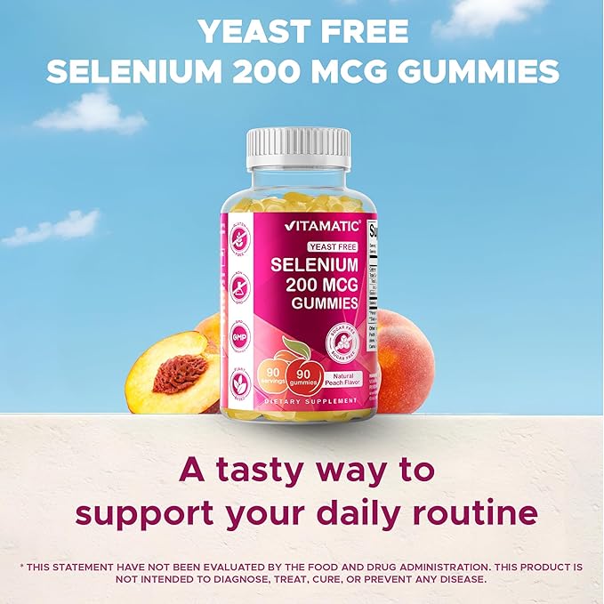 Vitamatic Yeast Free Selenium Gummies 200mcg as Selenomethionine Supplement Essential Trace Mineral with Superior Absorption 90 Pectin Based Gummies