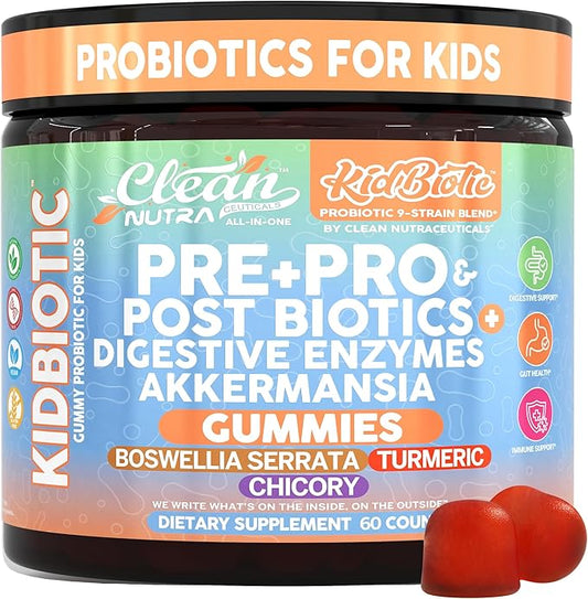 Clean Nutra Kids Probiotics Gummies with Prebiotics, Postbiotics, Digestive Enzymes, Akkermansia, Boswellia Serrata, Turmeric, Chicory – 60 Count – Plant-Based Supplement for Kids – PeachPop Flavor