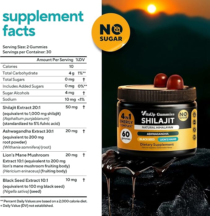 VitaUp Himalayan Shilajit Gummies for Men & Women – Sugar-Free Shilajit Gummies with Fulvic Acid – Pure Energy, Immune & Healthy Aging Support – 60 Gummies
