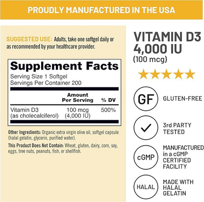 NatureWise Vitamin D3 4000iu (100 mcg) 200-Day Supply for Immune Support, Healthy Muscle Function, and Bone Health - Non-GMO, Gluten Free in Organic Extra Virgin Olive Oil, (Mini Softgel), 200 Count