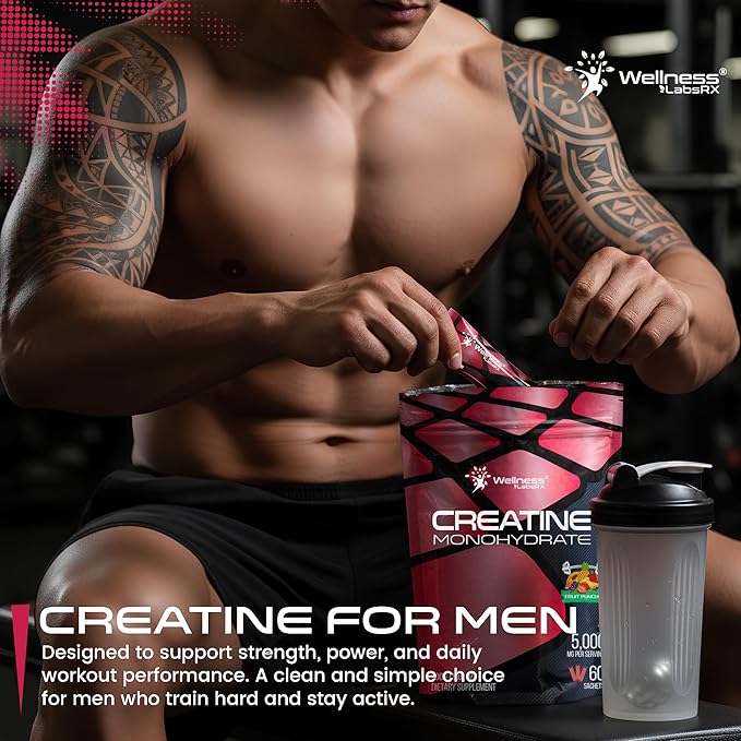 WELLNESS LABSRX Creatine Monohydrate Powder Sachets 300g – Fruit Punch Flavor Micronized Creatine Powder Supplement, Creatine for Women and Men, Supports Strength, Energy, Performance - 60 Servings