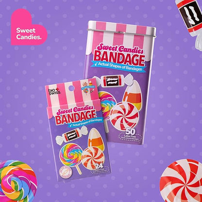 BioSwiss Bandages, Sweet Candies Shaped Self Adhesive Bandage Set, Latex Free, Sterile Wound Care, 50 Count