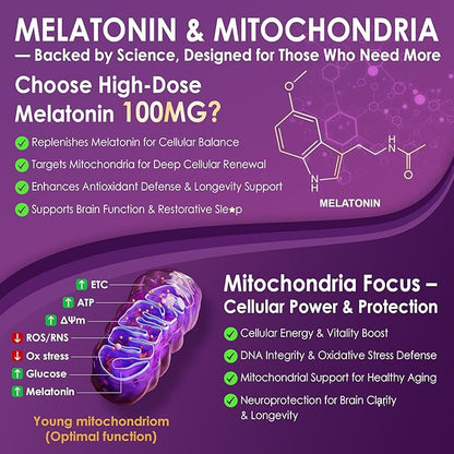 Melatonin 100mg for Antioxidant & Cognitive Health, Ultra High Dose Melatonin with CoQ10, Turmeric, Trans-Resveratrol, Vitamin B12 C E for Brain Anti-Aging, Cellular Repair and Energy, 75 Softgels