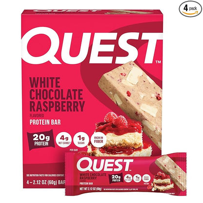 Quest Nutrition White Chocolate Raspberry Protein Bars, 20g Protein, 1g Sugar, 5g Net Carb, High Fiber, Gluten Free, Keto Friendly, 4 Count