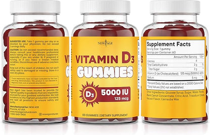 NEW AGE Vitamin D3 5000 IU 125mcg Gummies - Immune Supplement - Non-GMO, Gluten-Free, Dairy-Free, No Gelatin (180 Gummies (Pack of 3))