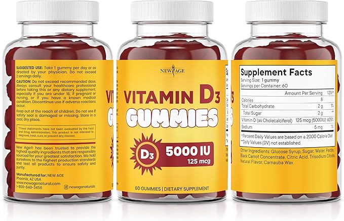 NEW AGE Vitamin D3 5000 IU 125mcg Gummies - Immune Supplement - Non-GMO, Gluten-Free, Dairy-Free, No Gelatin (120 Gummies (Pack of 2))