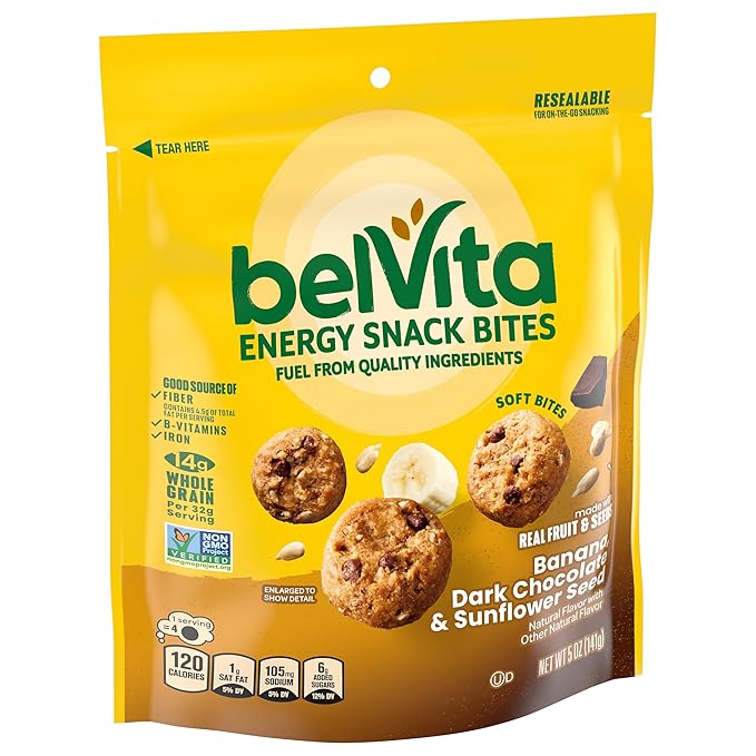 belVita Energy Snack Bites, Banana, Dark Chocolate and Sunflower Seed, 5 oz Bag (Pack of 2)