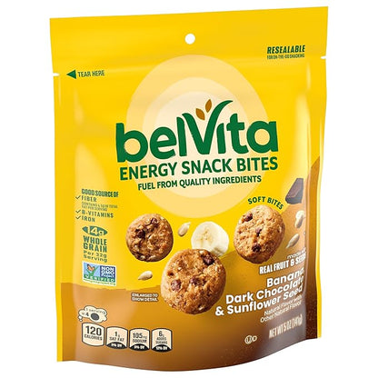 belVita Energy Snack Bites, Banana, Dark Chocolate and Sunflower Seed, 5 oz Bag (Pack of 2)